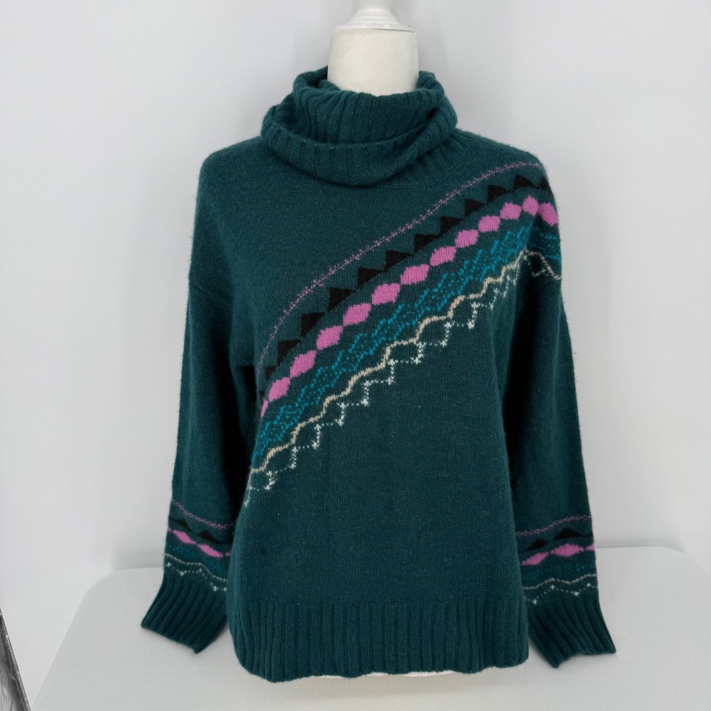 Loft Turtleneck Sweater Womens Medium Teal Green Fair Isle Knit Wool Blend